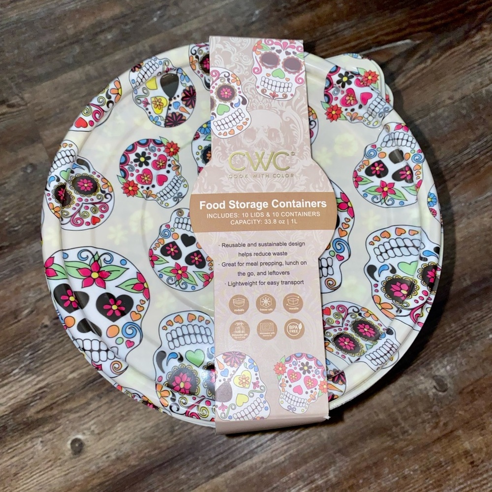 CWC COOK WITH COLOR SUGAR SKULL FOOD STORAGE CONTAINERS PREP ROUND HALLOWEEN